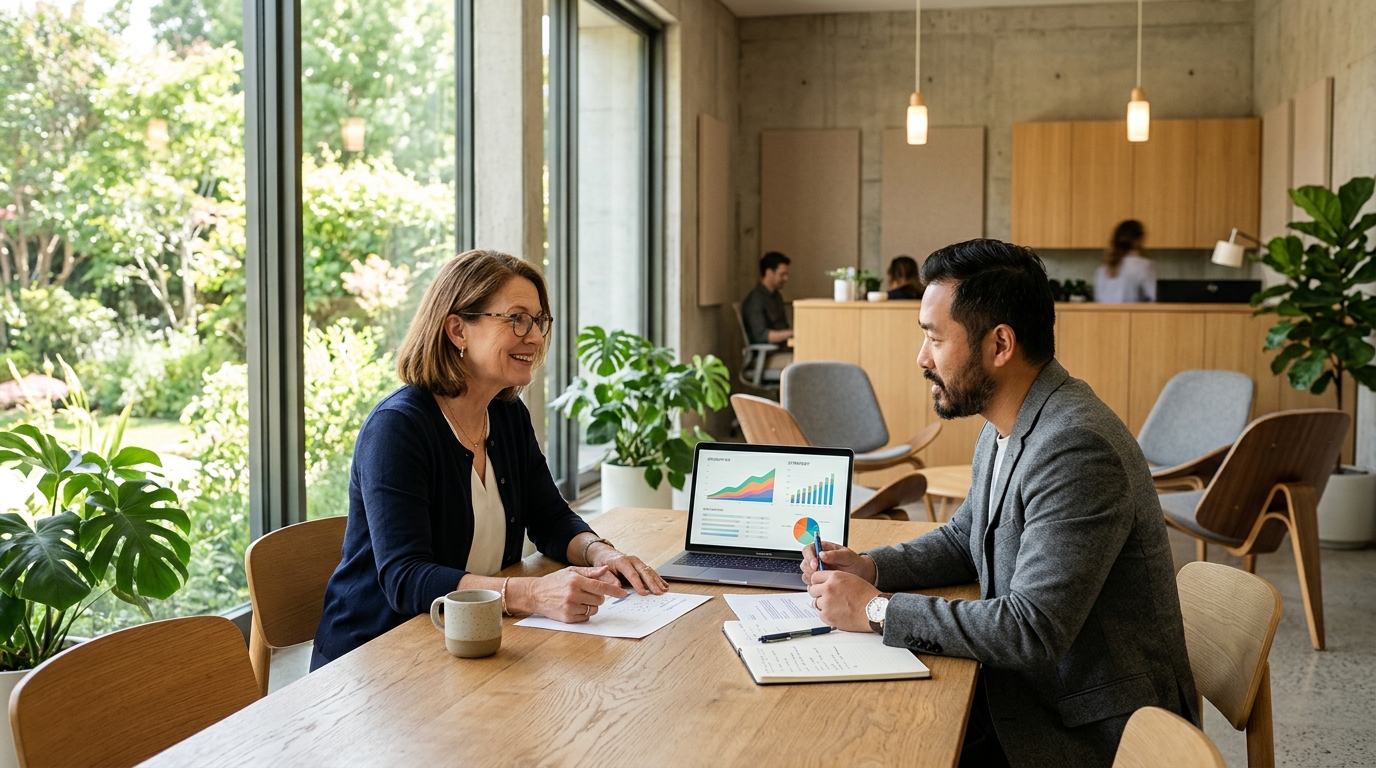 Healthcare practice leader collaborating with a specialized mental health marketing consultant in an elegant, sunlit executive office