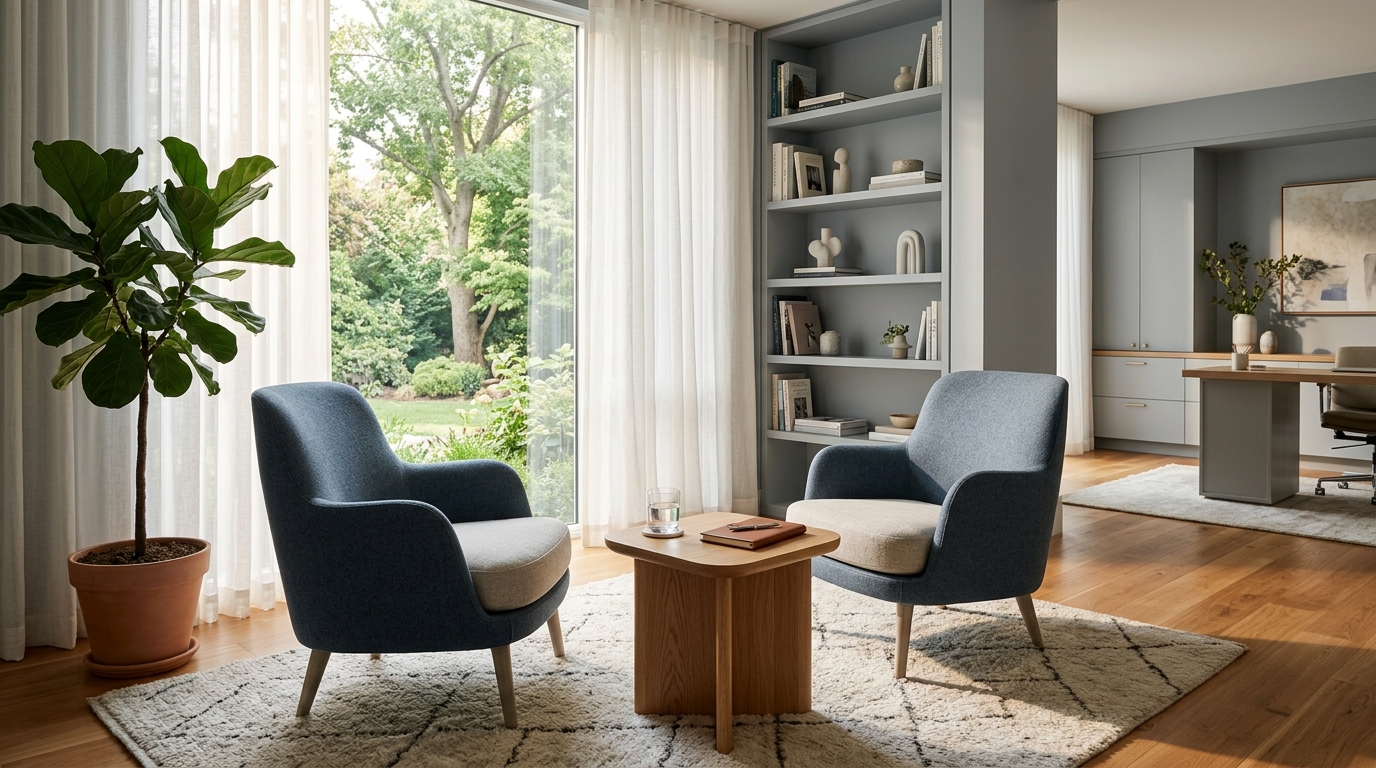 Warm, serene, modern mental health therapy office with comfortable seating and calming natural lighting