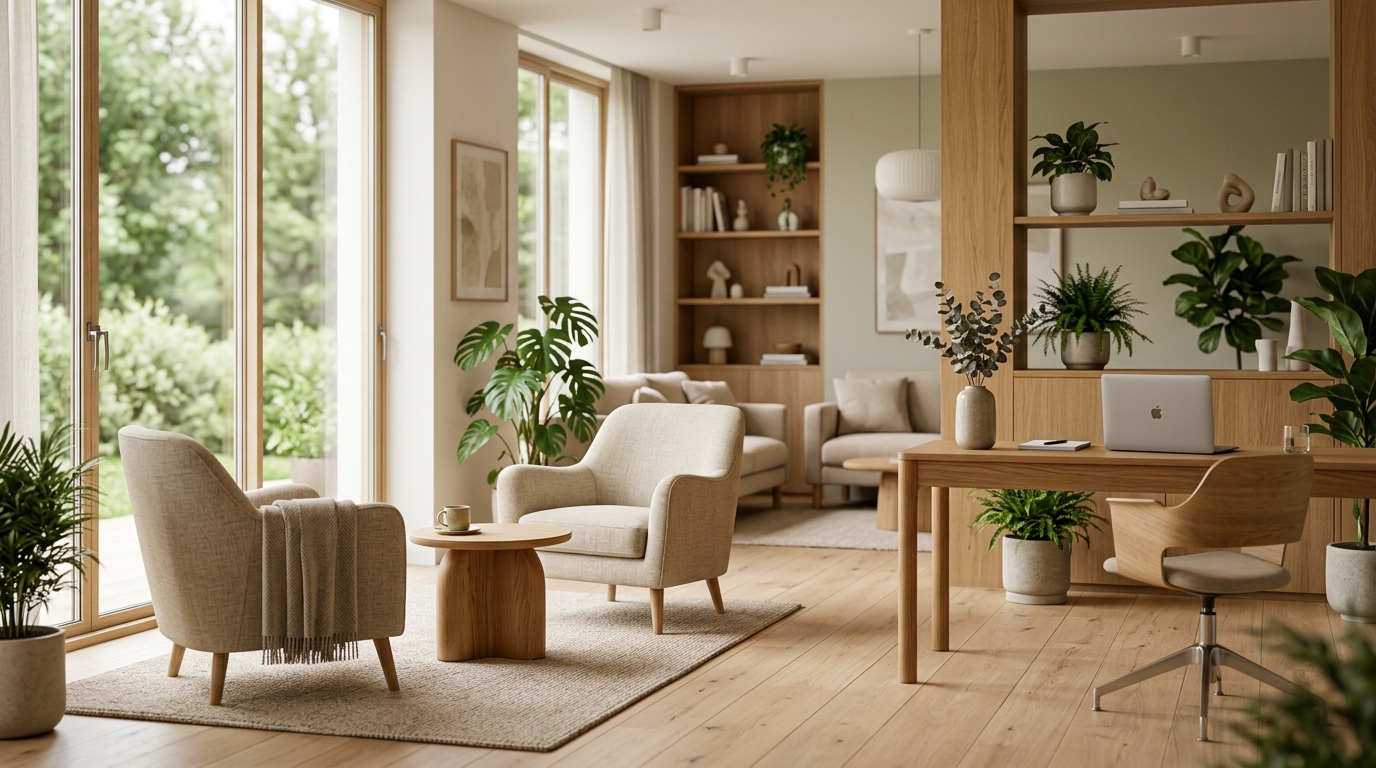 Modern, welcoming mental health clinic consultation office with natural lighting, ergonomic seating, and calm psychological architecture